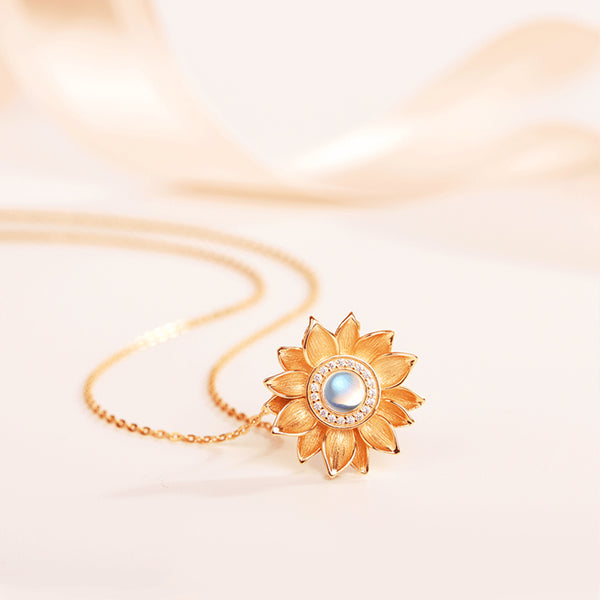 Womens 18K Gold Plated Silver Flower Moonstone Pendants Necklace for Women adorable