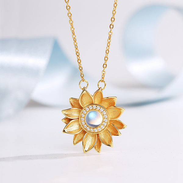 Womens 18K Gold Plated Silver Flower Moonstone Pendants Necklace for Women chic