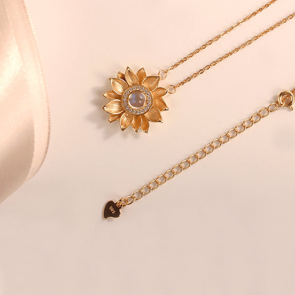 Womens 18K Gold Plated Silver Flower Moonstone Pendants Necklace for Women charm