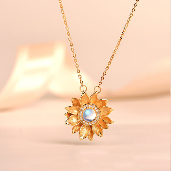 Womens 18K Gold Plated Silver Flower Moonstone Pendants Necklace for Women cute