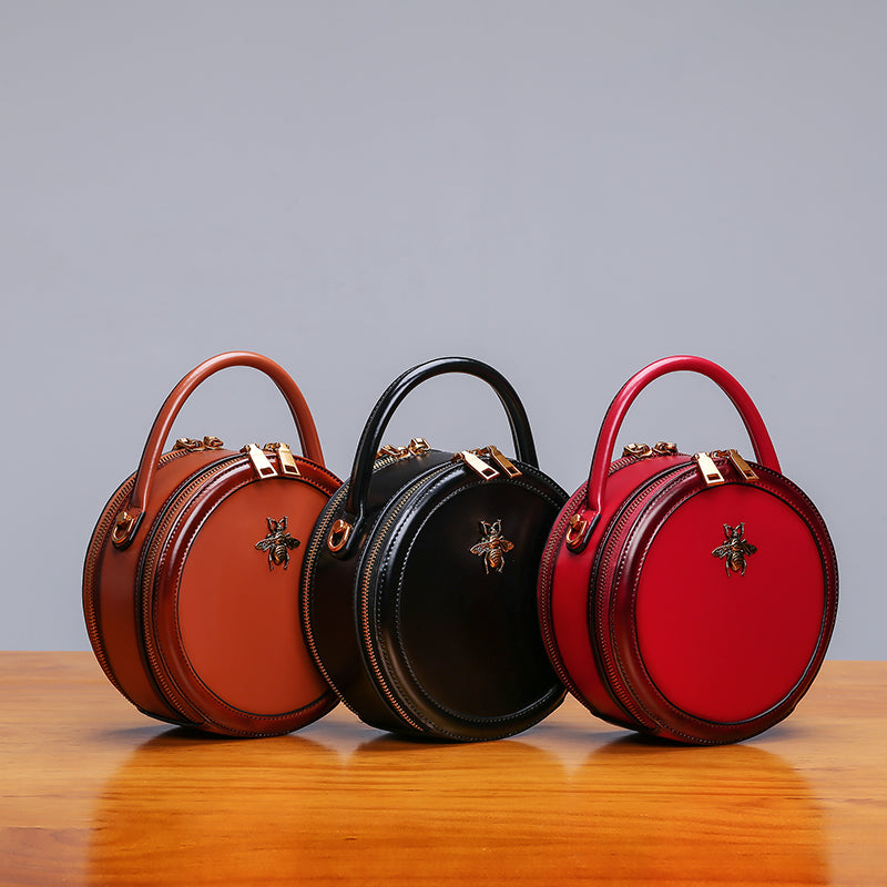 Bee Leather Circle Bag Crossbody Bags Shoulder Bag Purses for Women, Brown
