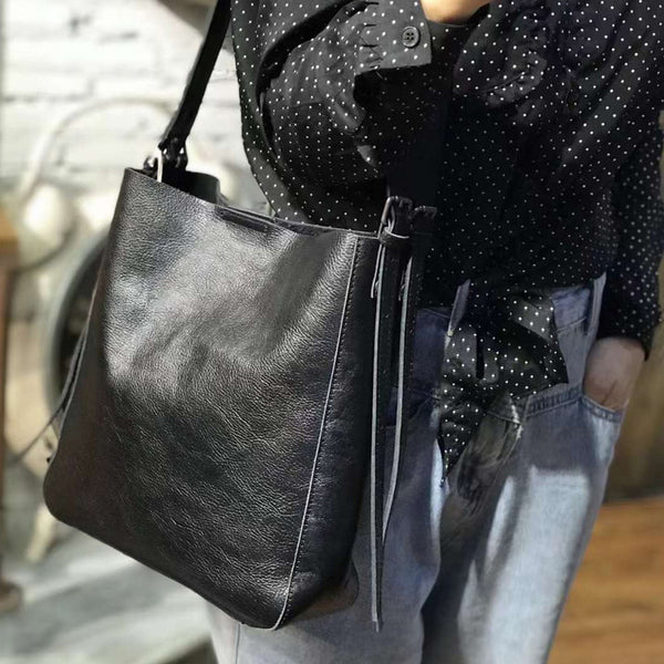 Womens Black Leather Bucket Bag Ladies Shoulder Bag Black