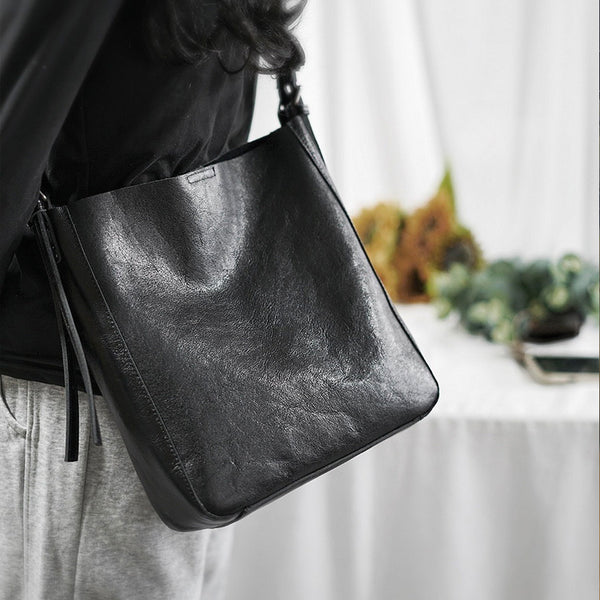 Womens Black Leather Bucket Bag Ladies Shoulder Bag Casual