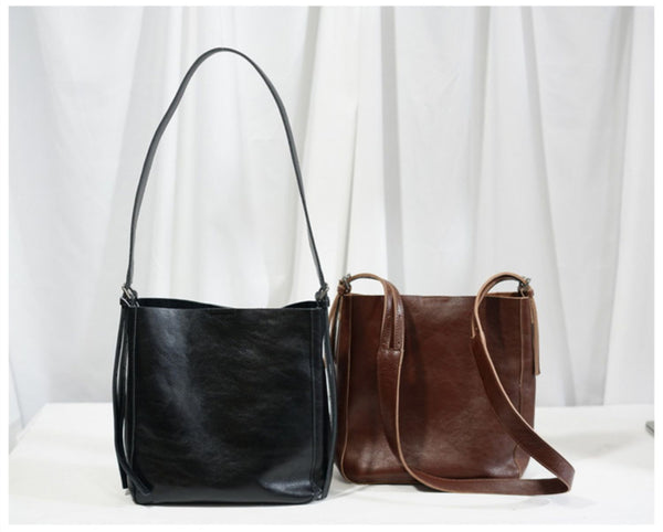 Womens Black Leather Bucket Bag Ladies Shoulder Bag Cool