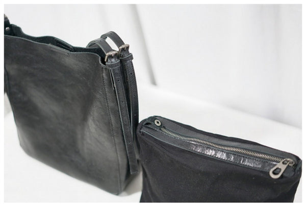 Womens Black Leather Bucket Bag Ladies Shoulder Bag Details
