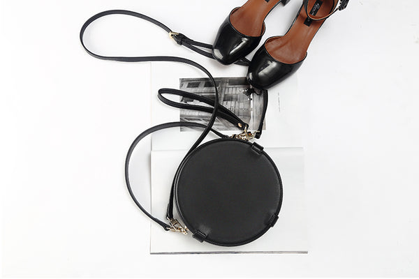 Womens Black Leather Crossbody Bags Circle Bag for Women Small Purse cute