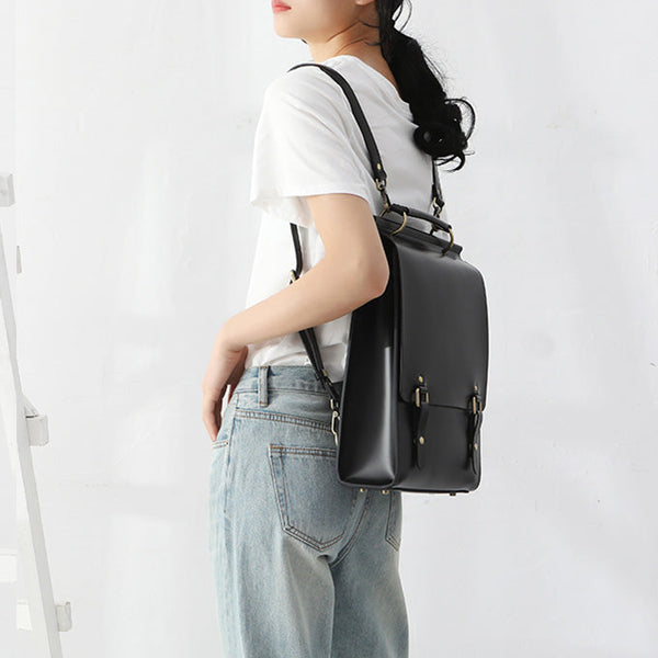 Womens Black Leather Rucksack Stylish Laptop Backpacks Minimalist