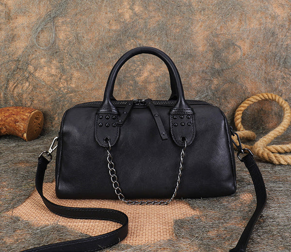 Womens Black Studded Handbag Genuine Leather Crossbody Bags Black