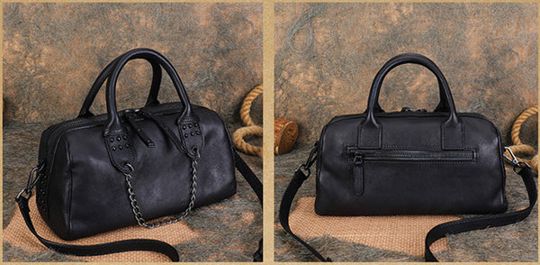 Womens Black Studded Handbag Genuine Leather Crossbody Bags Stylish
