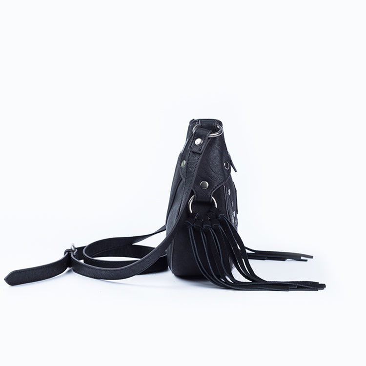 Black Fringe Purse for Women, Faux Leather Hippie Crossbody Bag (10.5 x 1.5  x 7.8 In): Handbags