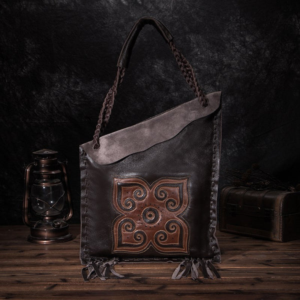 Large Womens Boho Brown Genuine Leather Fringe Tote Handbags Purse