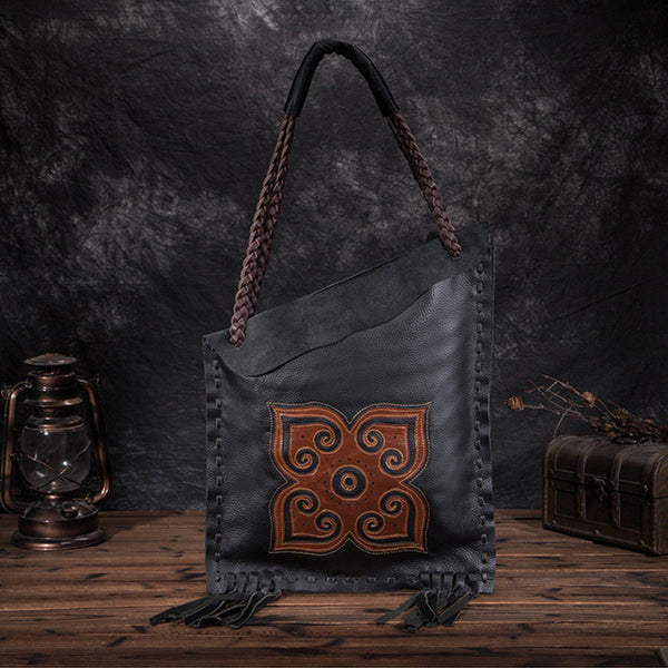 Womens Boho Black Genuine Leather Fringe Tote Handbags Purse for Women Affordable