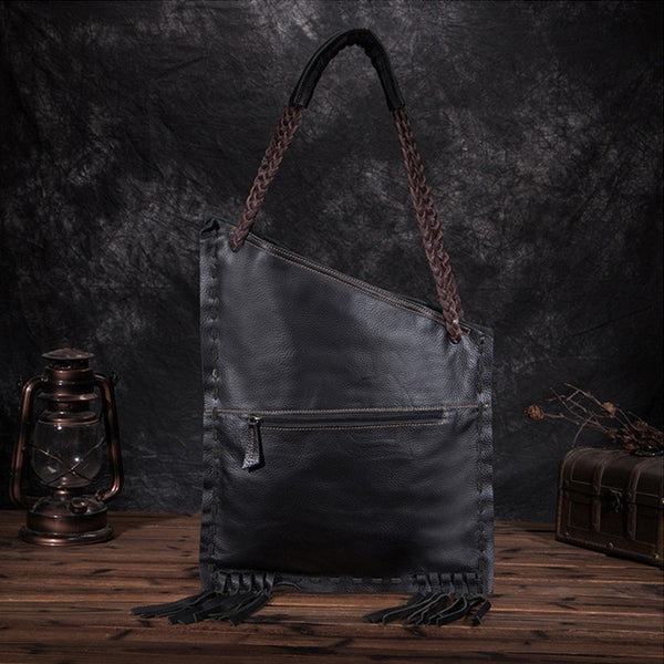 Womens Boho Black Genuine Leather Fringe Tote Handbags Purse for Women Chic