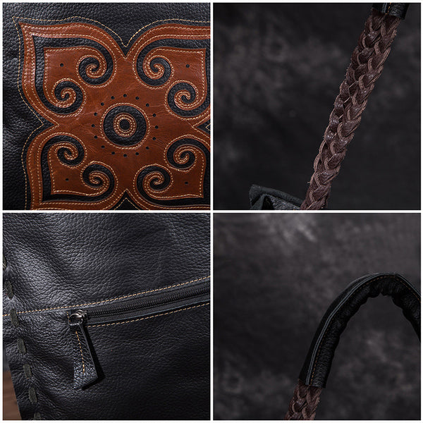 Womens Boho Black Genuine Leather Fringe Tote Handbags Purse for Women Funky