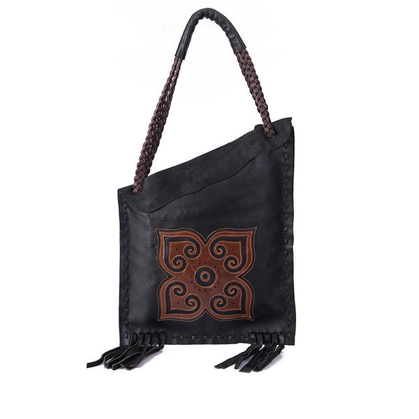 Womens Boho Black Genuine Leather Fringe Tote Handbags