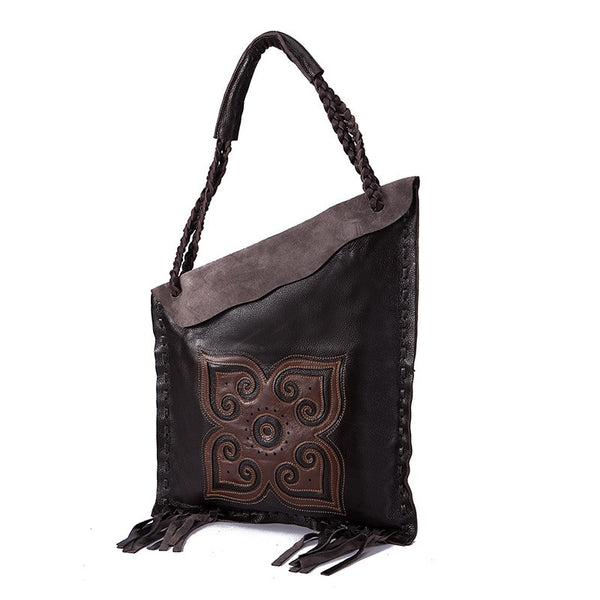 Large Womens Boho Black Genuine Leather Fringe Tote Handbags Purse for Women Stylish