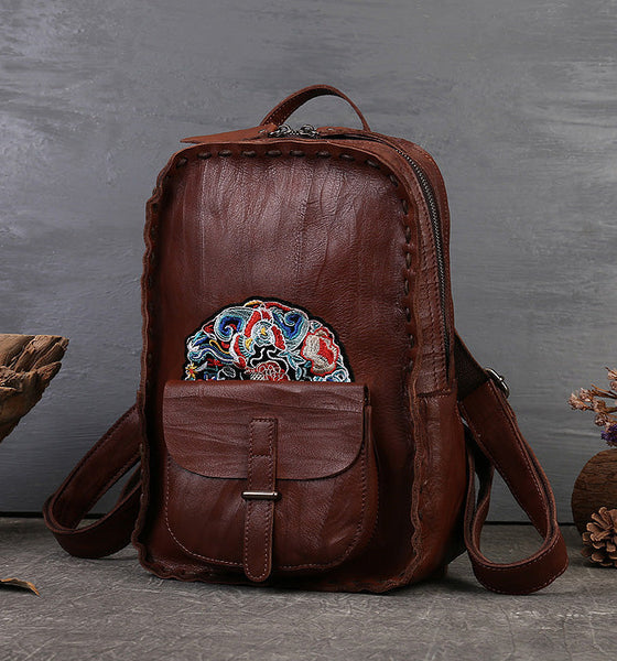 Womens Boho Leather Backpack Bag Leather Rucksack For Women Brown