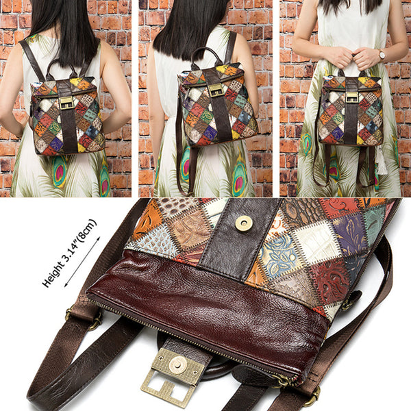 Womens Boho Square Leather Backpack Bag Ladies Small Leather Rrucksack For Women Genuine Leather