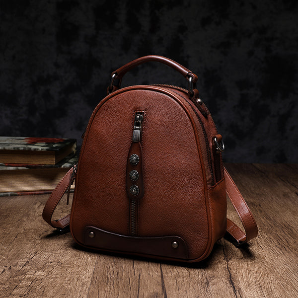 Womens Brown Genuine Leather Crossbody Backpack Purse Vintage Backpacks for Women