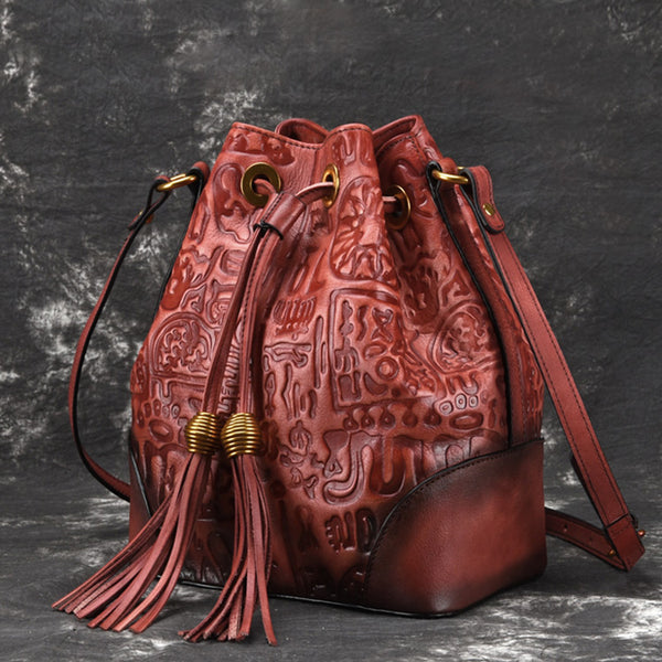 Womens Brown Leather Crossbody Bucket Bag Western Purse With Fringe for Women Affordable