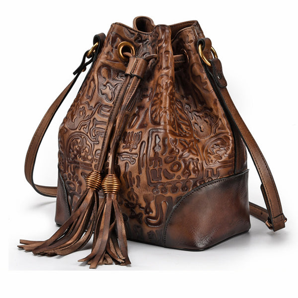 Womens Brown Leather Crossbody Bucket Bag Western Purse With Fringe for Women Chic