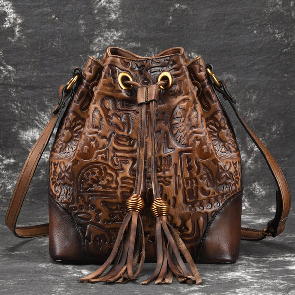 Womens Brown Leather Crossbody Bucket Bag