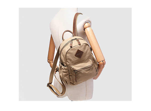 Stylish Women's Brown Canvas And Leather Backpack Purse Small Rucksack Bag With Zipper