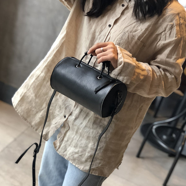 Womens Cylinder Bag Black Leather Crossbody Bag Shoulder Bag Accessories