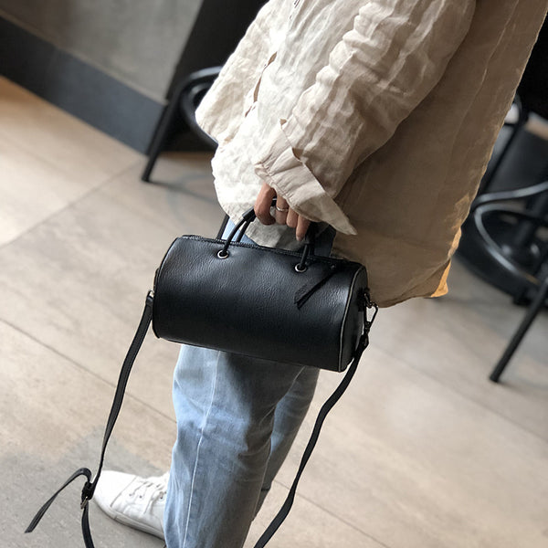 Womens Cylinder Bag Black Leather Crossbody Bag Shoulder Bag Casual