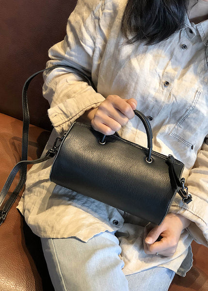 Womens Cylinder Bag Black Leather Crossbody Bag Shoulder Bag Genuine Leather