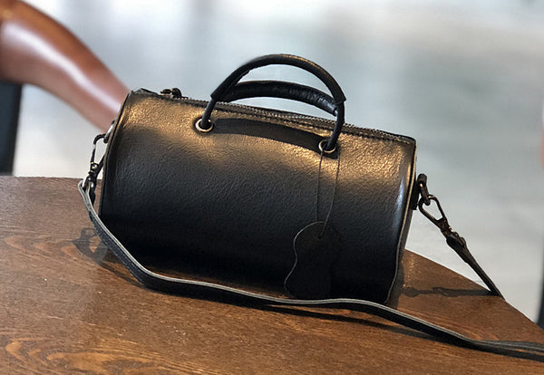 Womens Cylinder Bag Black Leather Crossbody Bag Shoulder Bag Handmade