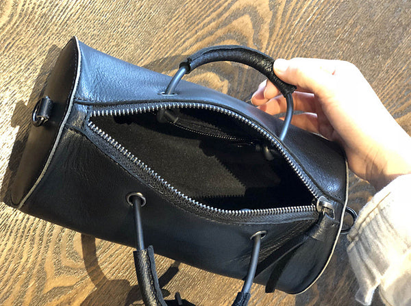 Womens Cylinder Bag Black Leather Crossbody Bag Shoulder Bag Inside