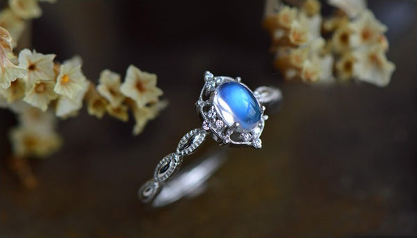 Female Sterling Silver Blue Moonstone Engagement Ring June Birthstone Jewelry For Women Chic
