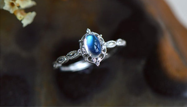 Female Sterling Silver Blue Moonstone Engagement Ring June Birthstone Jewelry For Women Cute
