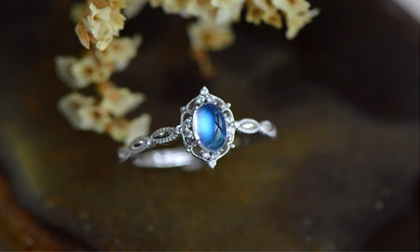 Female Sterling Silver Blue Moonstone Engagement Ring June Birthstone Jewelry For Women Gift