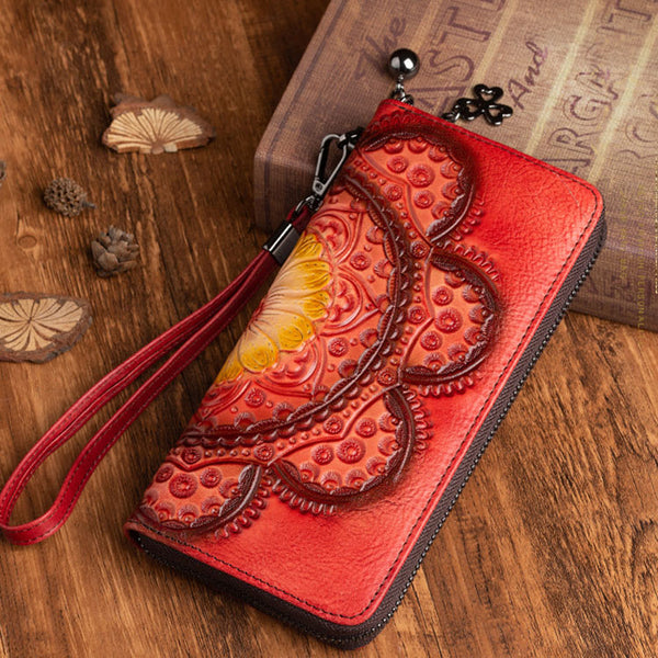 Womens Embossed Genuine Leather Zip Around Wallet Clutch Wallet Purse For Women Beautiful