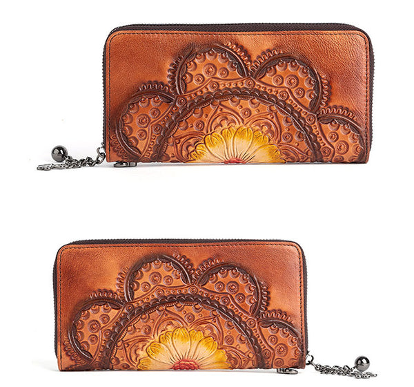 Womens Embossed Genuine Leather Zip Around Wallet Clutch Wallet Purse For Women Brown