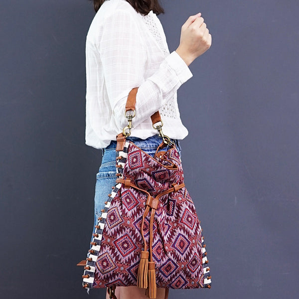 Womens Fabric Boho Handbags With Fringe Hippie Shoulder Bags For Women Casual