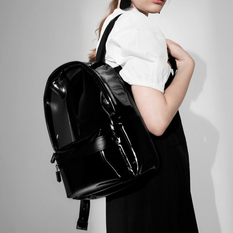 Womens Fashion Black PVC and Leather Backpack Bag Purse Funky Backpacks for Women beautiful