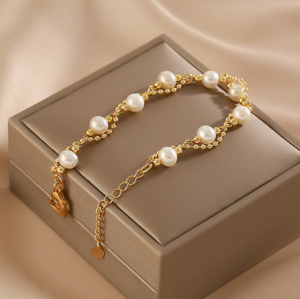 Womens Freshwater Pearl Bracelet 27K Gold Plated Charm Bracelets For Women Cute