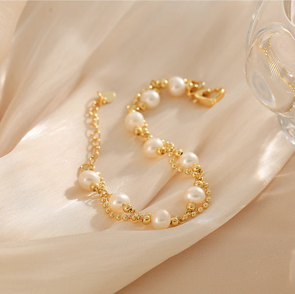 Womens Freshwater Pearl Bracelet 36K Gold Plated Charm Bracelets For Women Gift