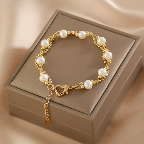 Womens Freshwater Pearl Bracelet 49K Gold Plated Charm Bracelets For Women Quality