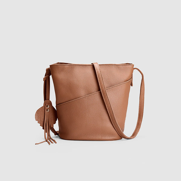Womens Genuine Leather Bucket Bag Crossbody Bags Purse Shoulder Bag Brown