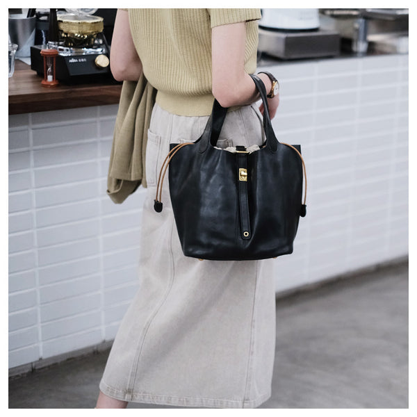 Womens Genuine Leather Bucket Bags Black Leather Handbag For Women Black