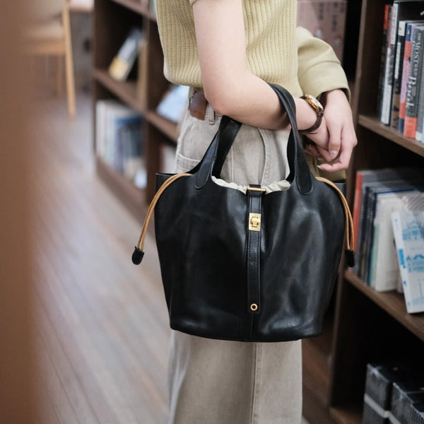 Womens Genuine Leather Bucket Bags Black Leather Handbag For Women Chic