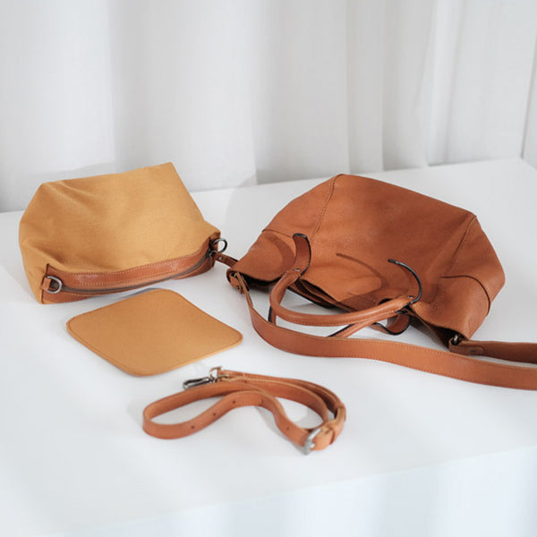 Womens Genuine Leather Bucket Bags Brown Leather Crossbody Bag Minimalist