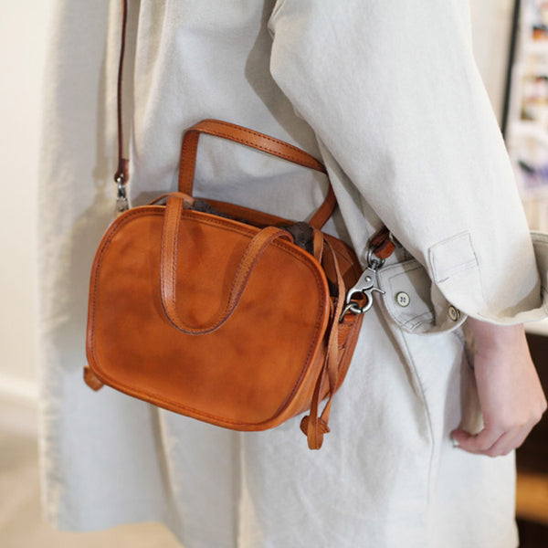 Womens Genuine Leather Crossbody Drawstring Bucket Bag Handbags For Women Brown
