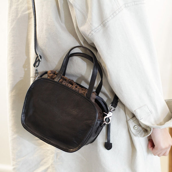 Womens Genuine Leather Crossbody Drawstring Bucket Bag Handbags For Women Cowhide