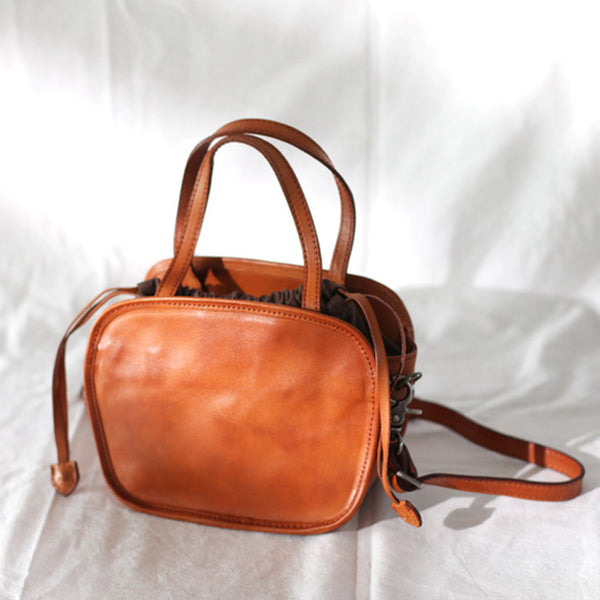 Womens Genuine Leather Crossbody Drawstring Bucket Bag Handbags For Women Cute