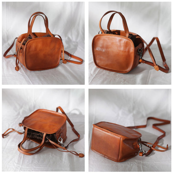 Womens Genuine Leather Crossbody Drawstring Bucket Bag Handbags For Women Designer